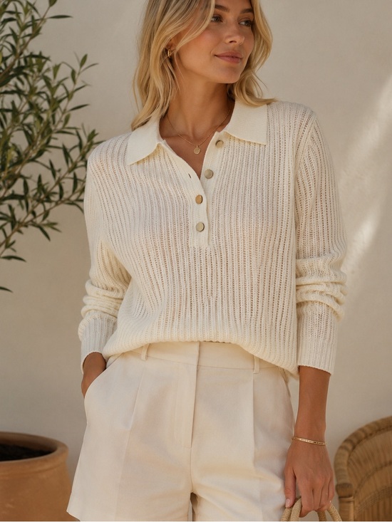 rag & bone Sweaters - rag & bone Cream Open Knit Polo Style Summer Sweater Medium Cotton Blend NWT